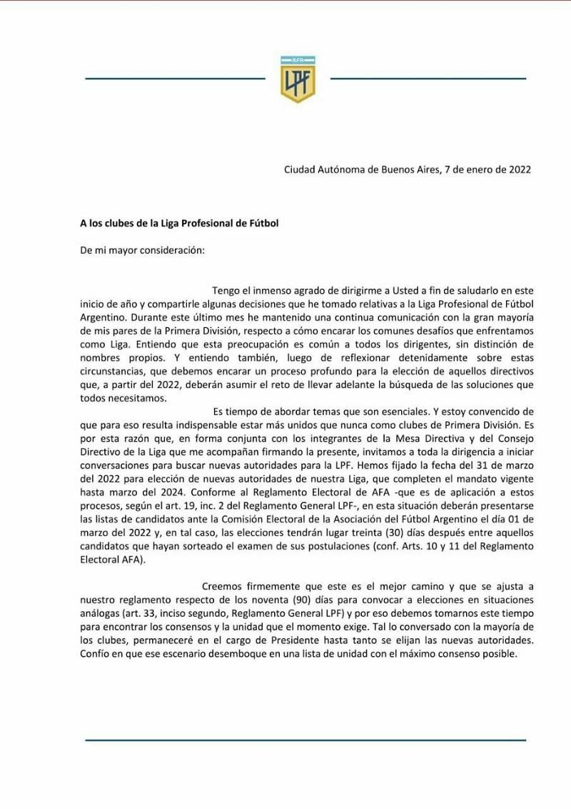 Carta Tinelli pidiendo elecciones anticipadas para la Liga Profesional.