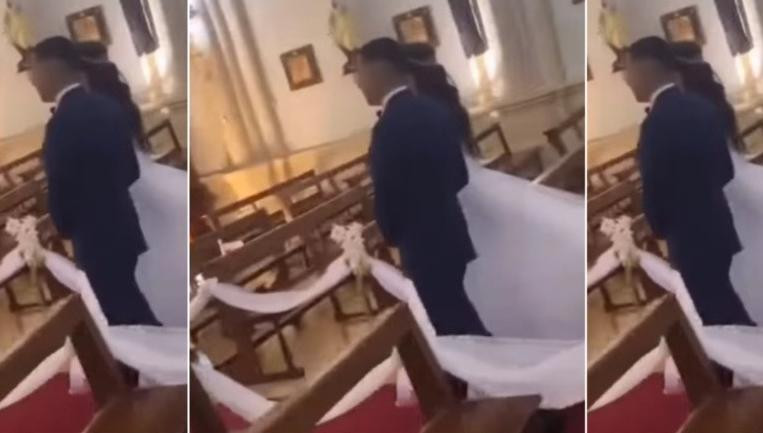 Brisa Leguizamón llegando al altar en el que la espera Esteban Rocha