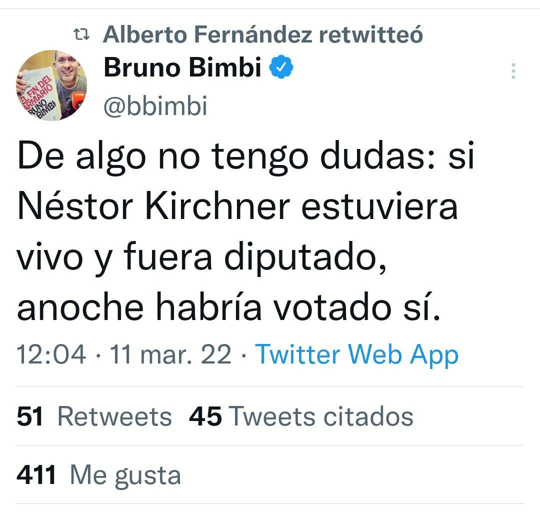 Mensaje retuiteado de Alberto Fernández sobre votación de acuerdo con FMI