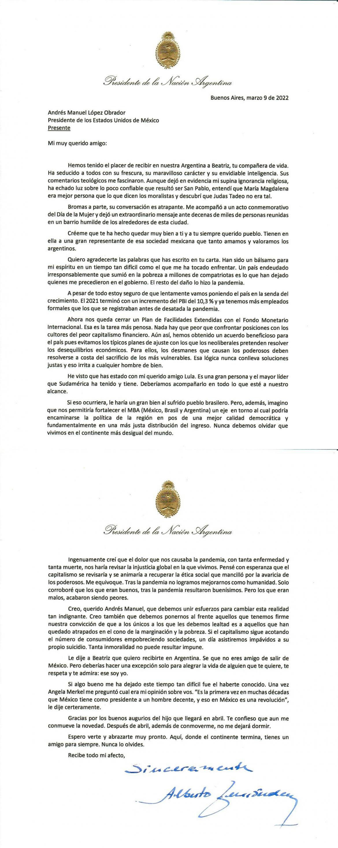 Carta de Alberto Fernández a Andrés Manuel López Obrador