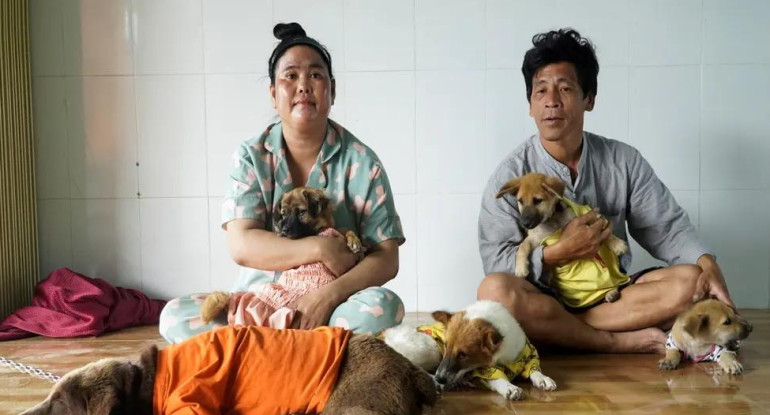 Matrimonio vietnamita con sus perros