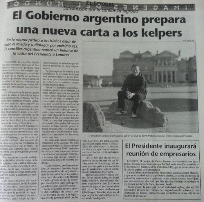 Recorte del diario El Litoral sobre la visita de Carlos Menem a Londres