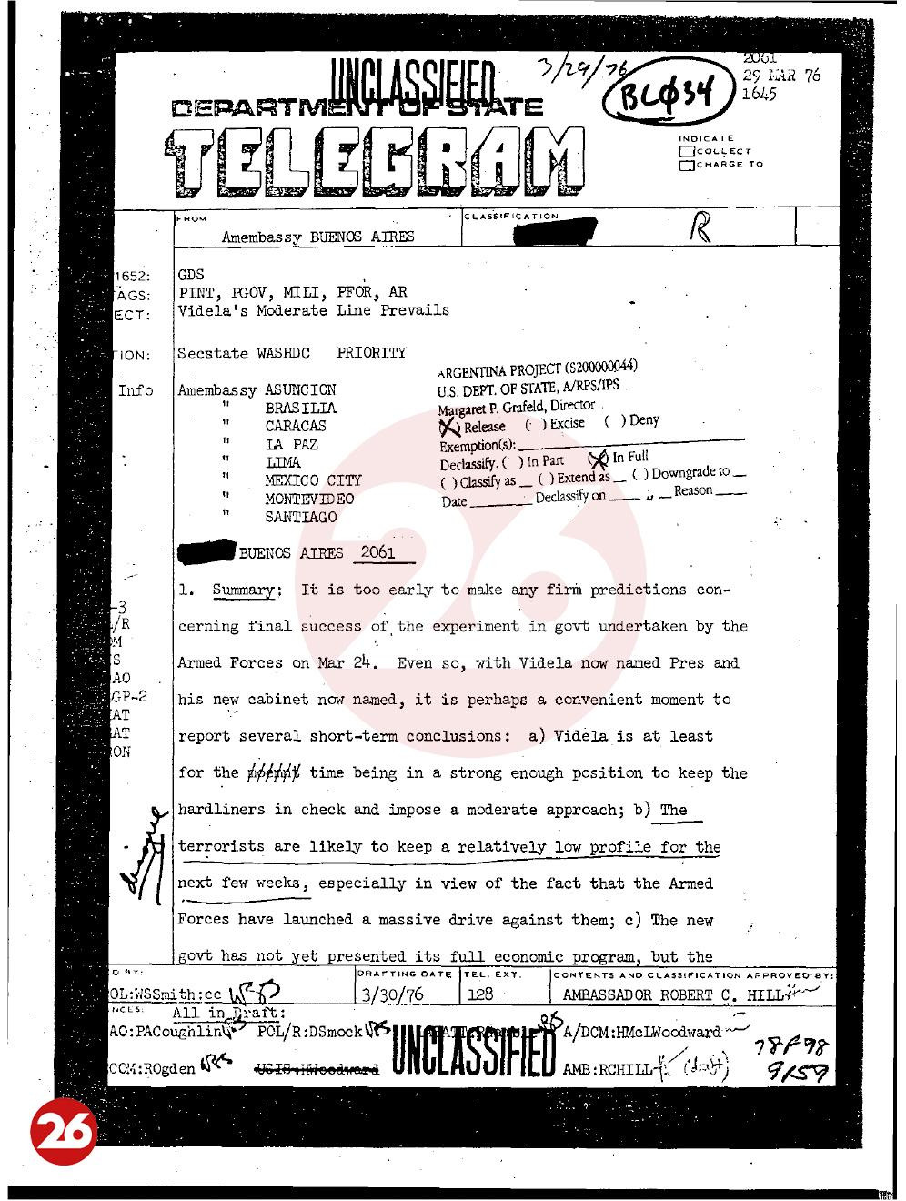 Documento desclasificado, Embajada de EE.UU. en Argentina, golpe militar de 1976