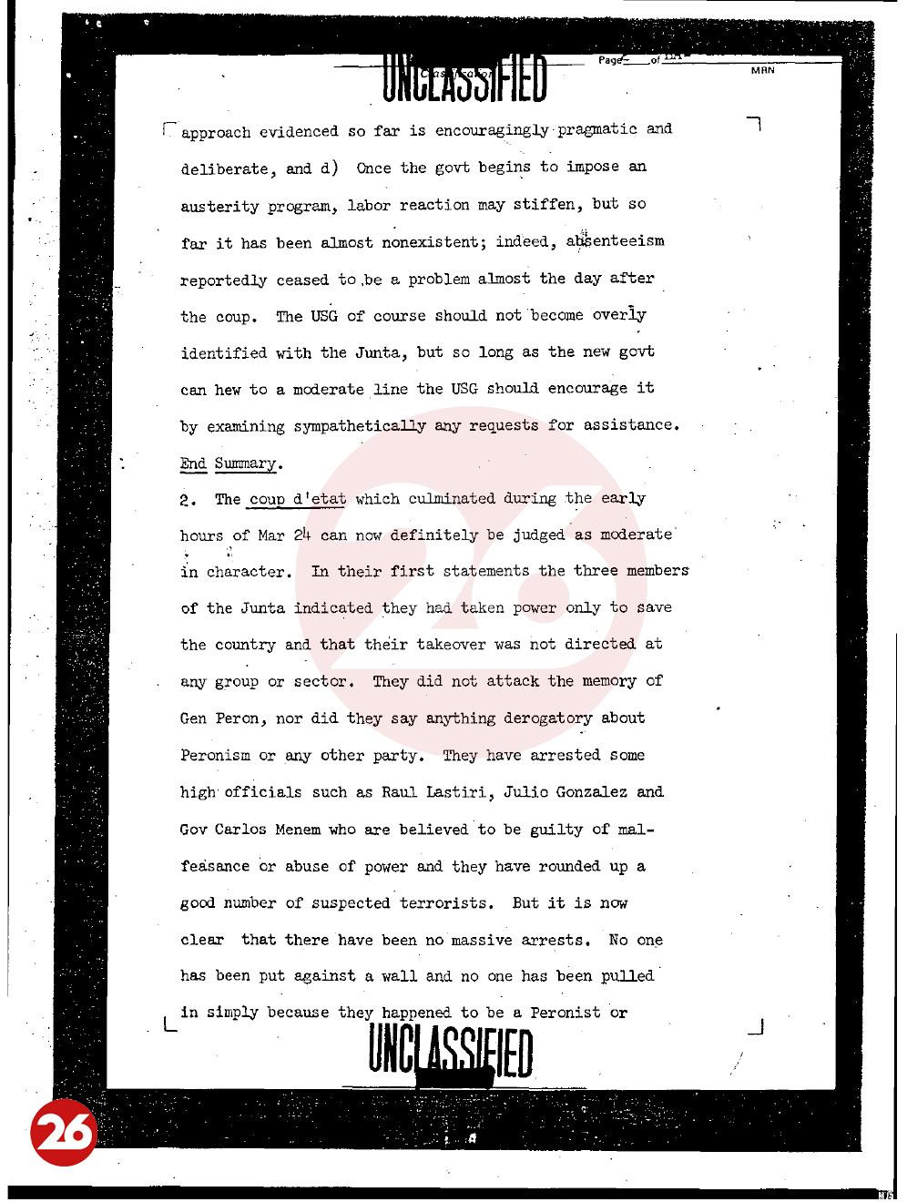 Documento desclasificado, Embajada de EE.UU. en Argentina, golpe militar de 1976