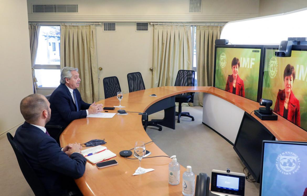 Alberto Fernández, Martín Guzmán y Kristalina Georgieva, Foto NA