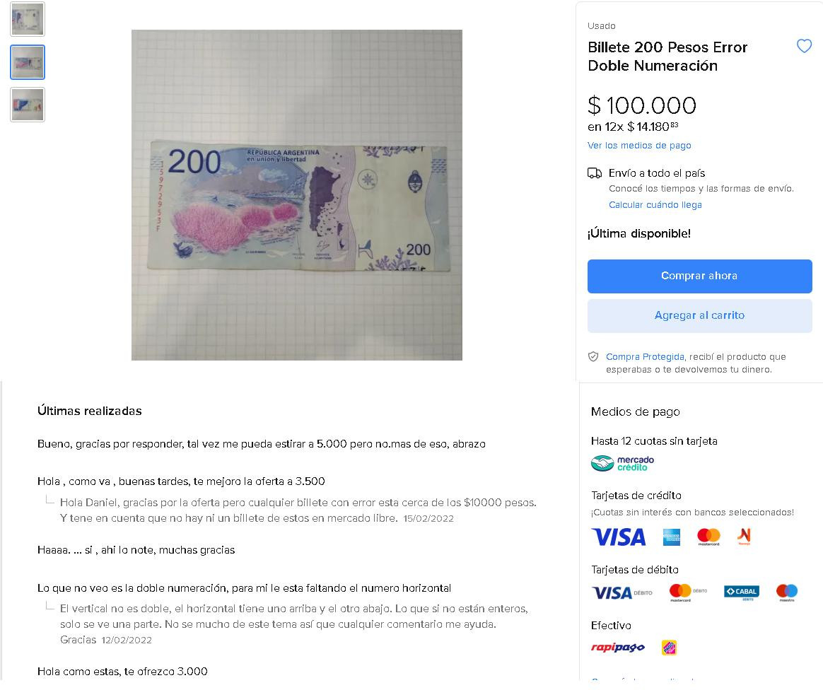 Billetes, venta en Mercado Libre