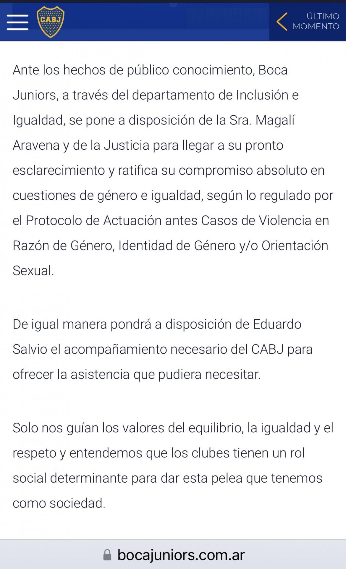 Comunicado de Boca sobre el caso Eduardo Salvio