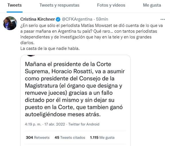 Tuit de Cristina Fernández de Kirchner, vice presidenta de la Nación, Gobierno, Twitter