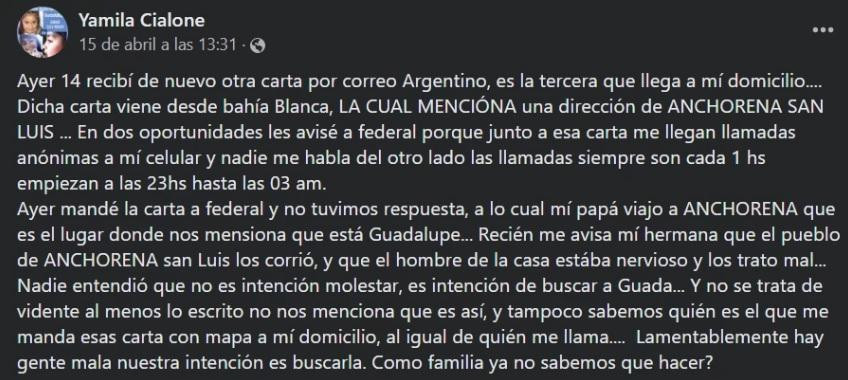 Guadalupe Lucero, niña desaparecida, carta, NA