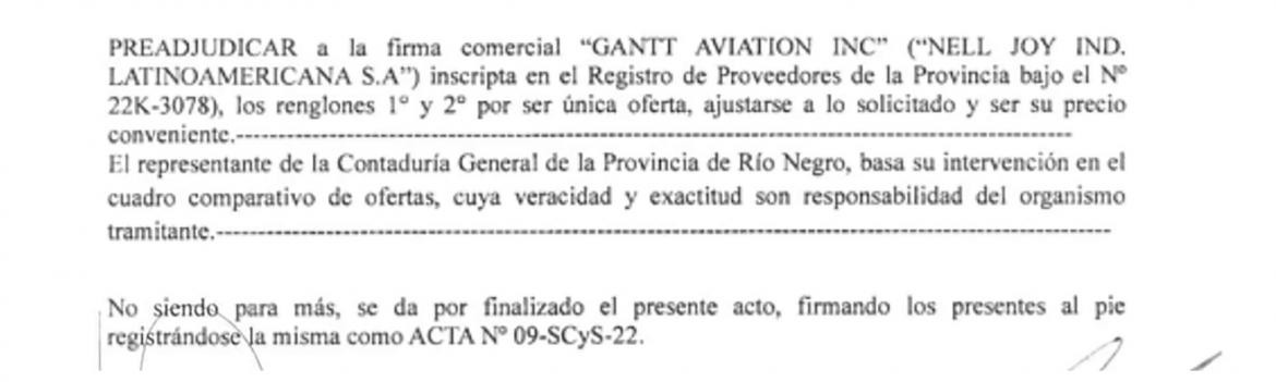 El acta de preadjudicación del avión comprado por Río Negro