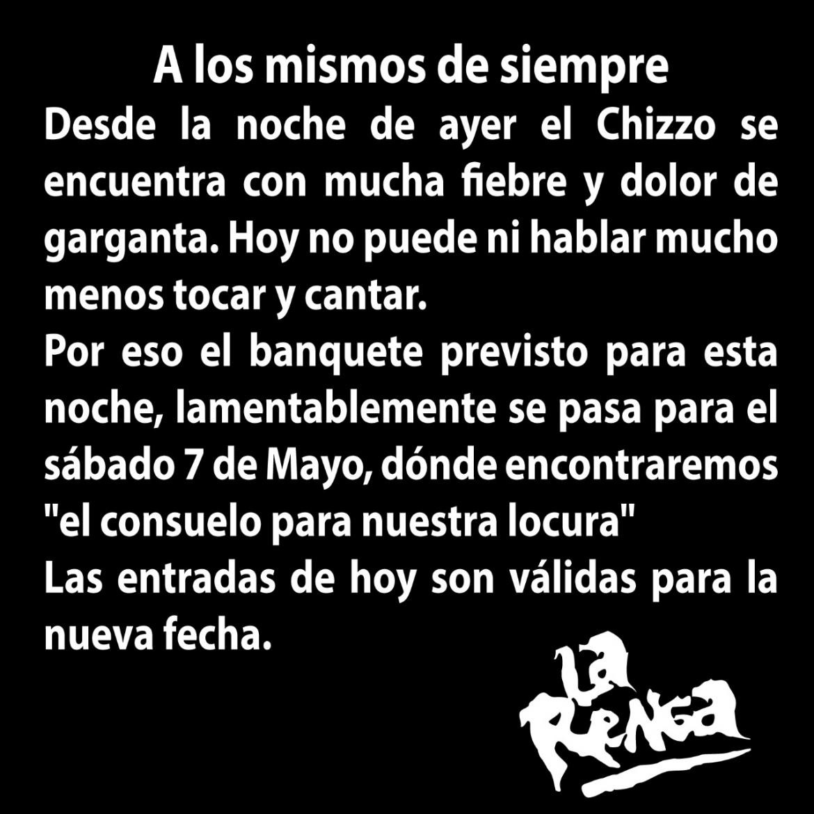 Comunicado de La Renga sobre la suspensión del show en La Plata