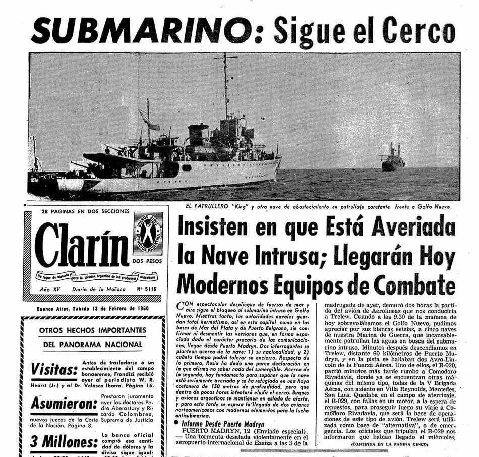 Diario Clarín sábado 13 de febrero de 1960, Submarinos rusos en Argentina
