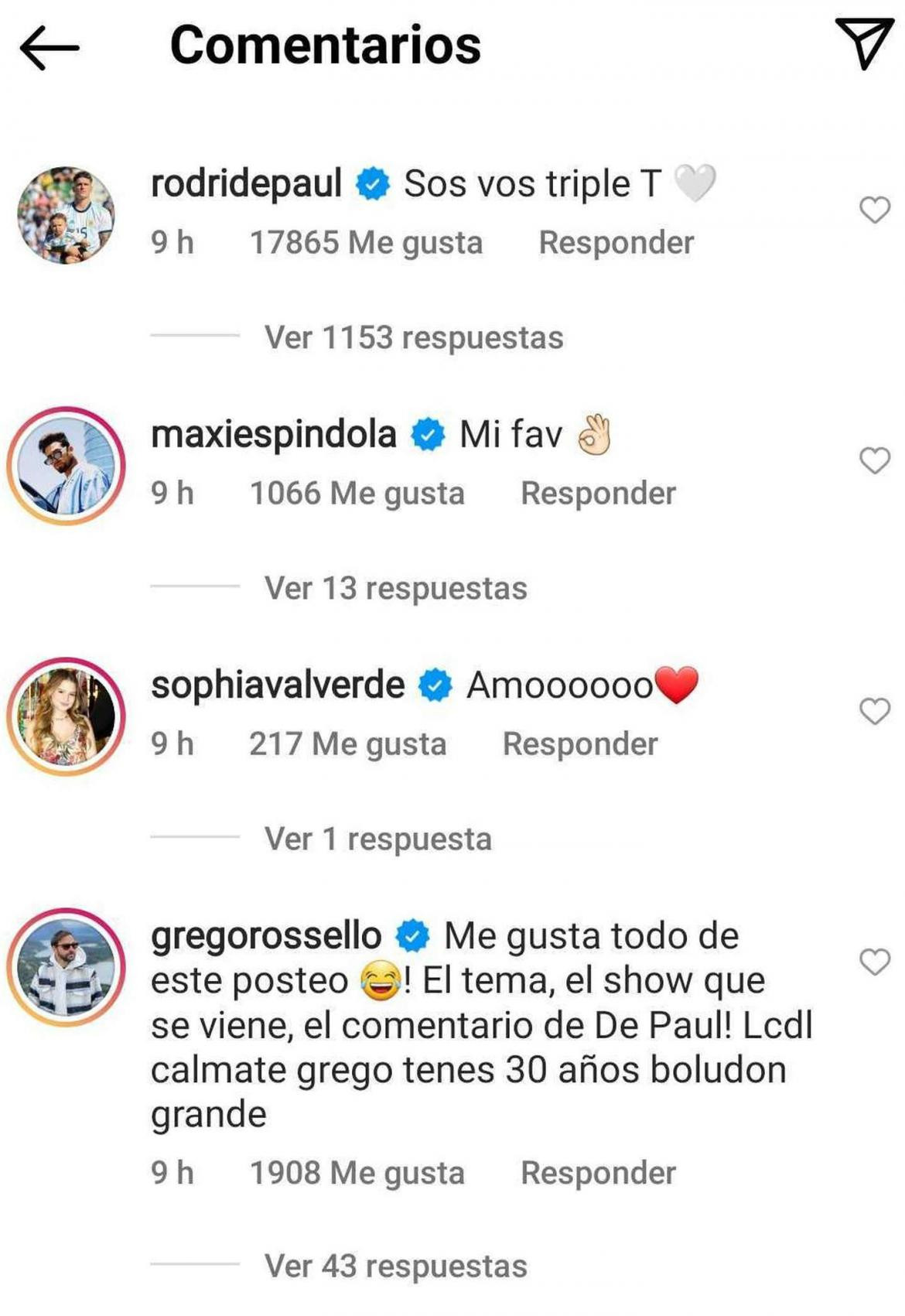 Comentario de De Paul a publicación de Tini, Foto: Instagram @tinistoessel.