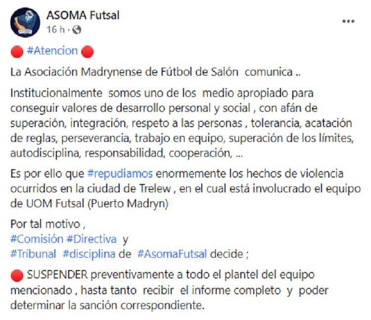 Comunicado de ASOMA Futsal. Foto: Facebook.