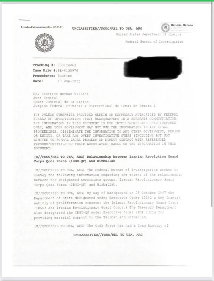 Informe del FBI sobre el avión. Foto: Clarín.