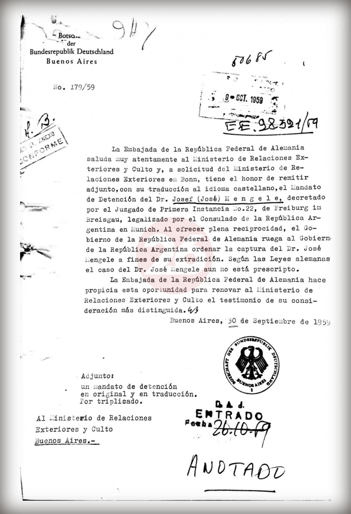 Mengele en Argentina, documentos por extradición