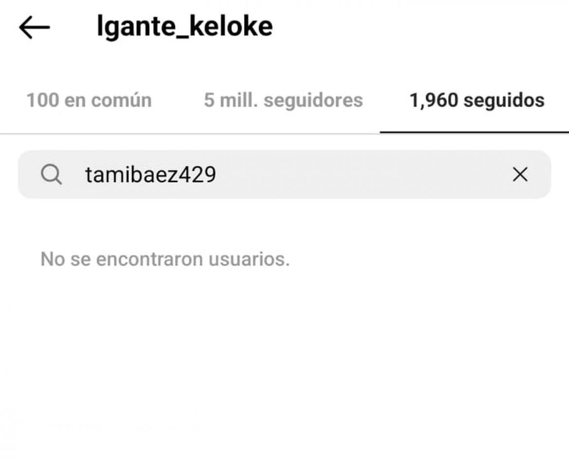 L-Gante no sigue más a Tamara Báez en Instagram. Foto: Instagram/@lgante_keloke.
