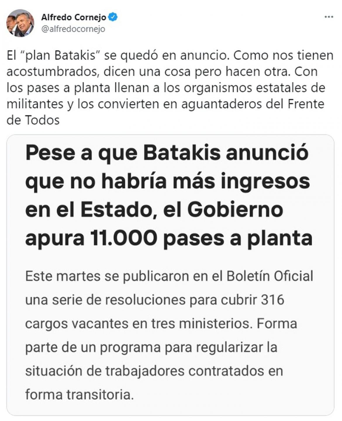 Alfredo Cornejo criticó la decisión del Gobierno de acelerar pases de planta transitoria a permanente (Foto: captura Twitter @alfredocornejo).