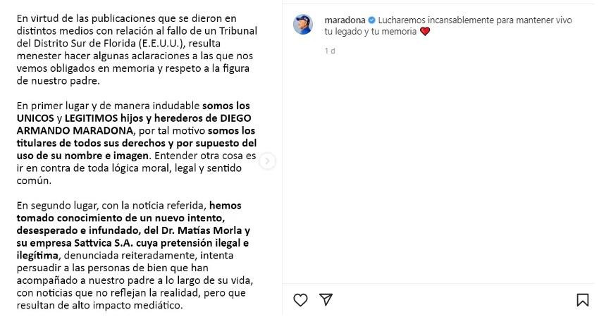 Comunicado de los hijos de Diego Maradona