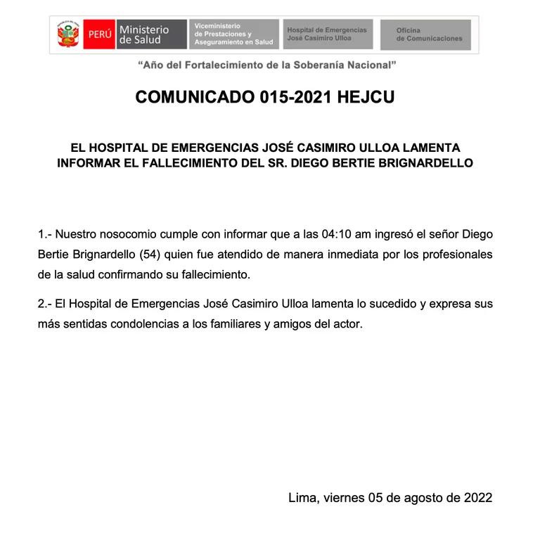Comunicado del hospital Casimiro Ulloa por la muerte de Diego Bertie. Foto: Ministerio de Salud.