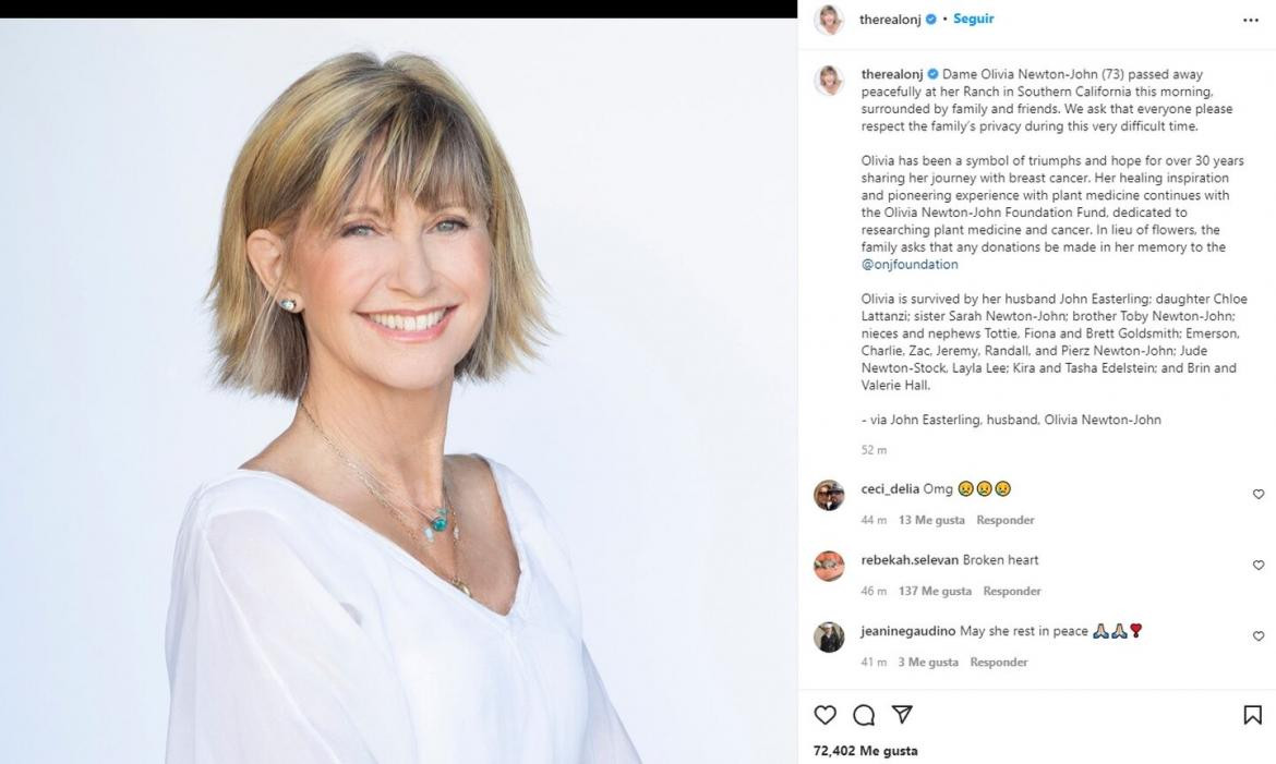  El posteo de despedida a Olivia Newton-John que publicó su esposo John Easterling. (Foto: Instagram / therealonj)