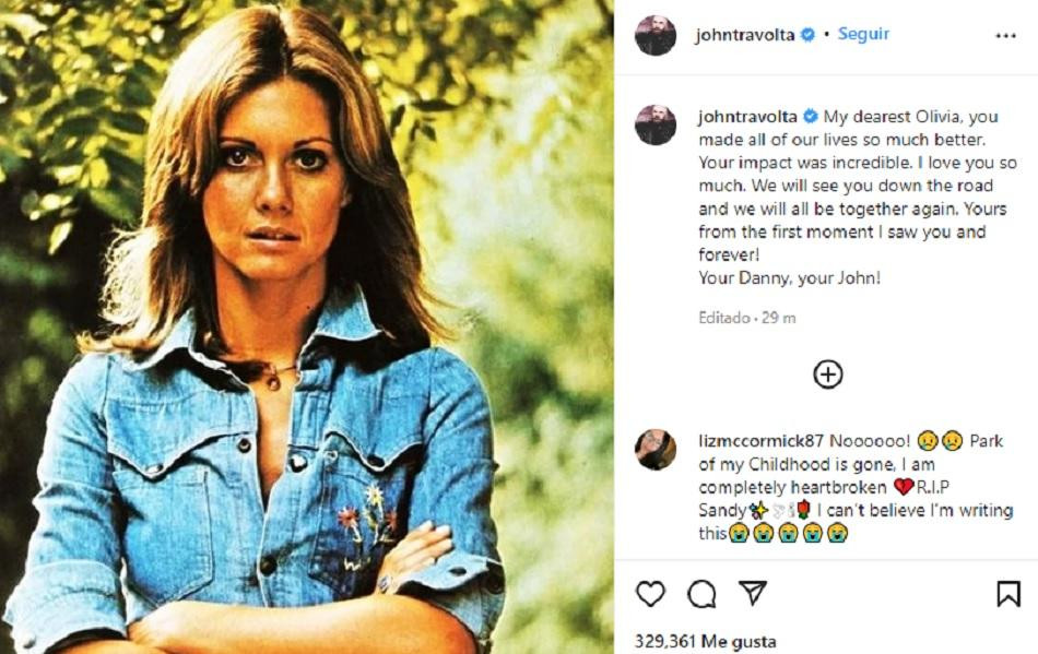 Posteo de John Travolta tras la muerte de Olivia Newton John. Foto: Instagram @johntravolta