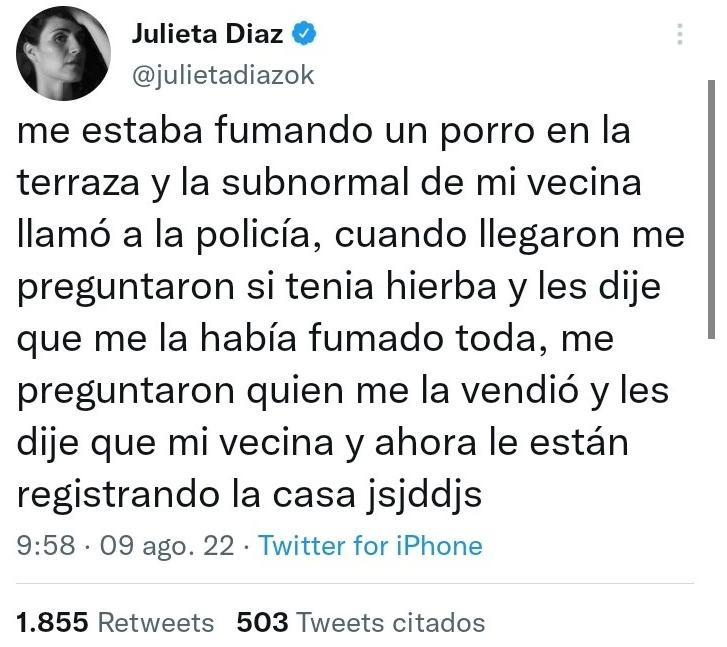 Tuit viral de Julieta Díaz tras un hackeo. Foto: NA.