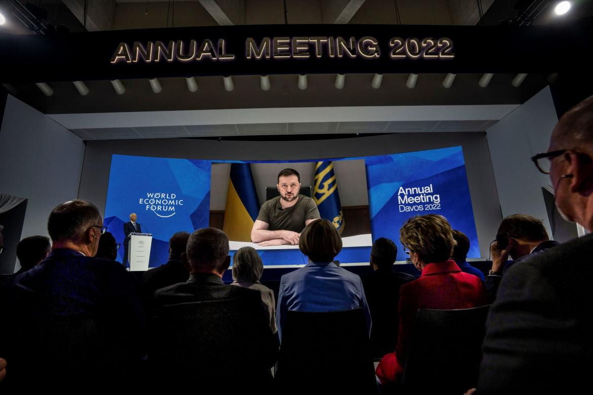 presidente de Ucrania Volodímir Zelenski durante su intervención en el Foro de Davos verdaderas sanciones contra Rusia Foto NA