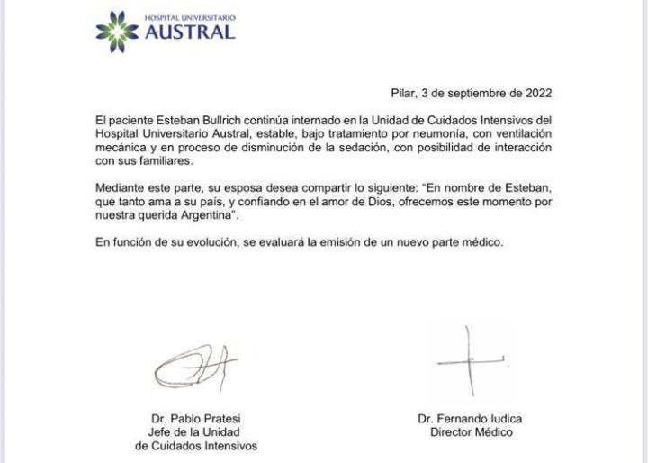 Parte médico de Esteban Bullrich 03-09-2022.