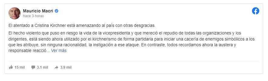 Mauricio Macri, mensaje en Facebook, NA