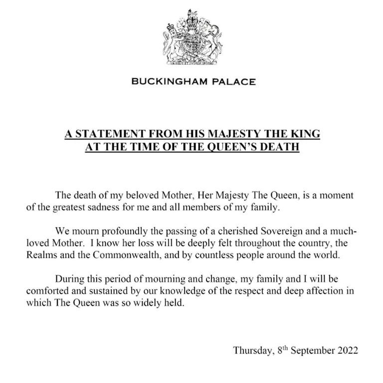 Mensaje de Carlos tras la muerte de la Reina Isabel II.