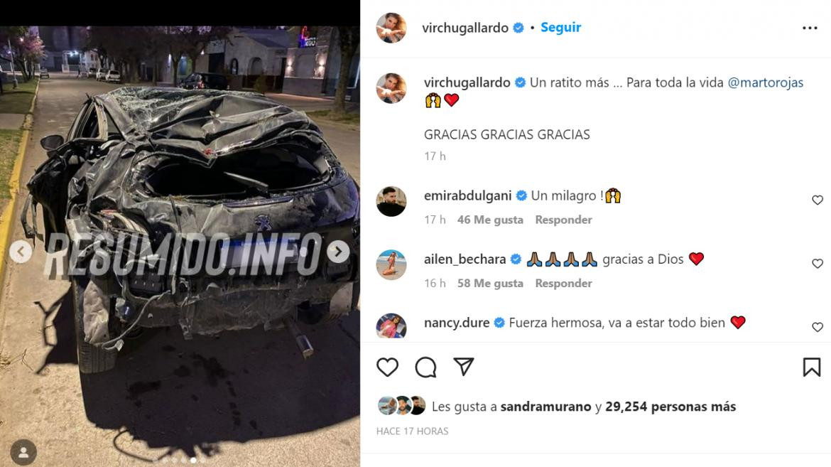 El auto destruido después del accidente. Foto: Instagram/virchugallardo.