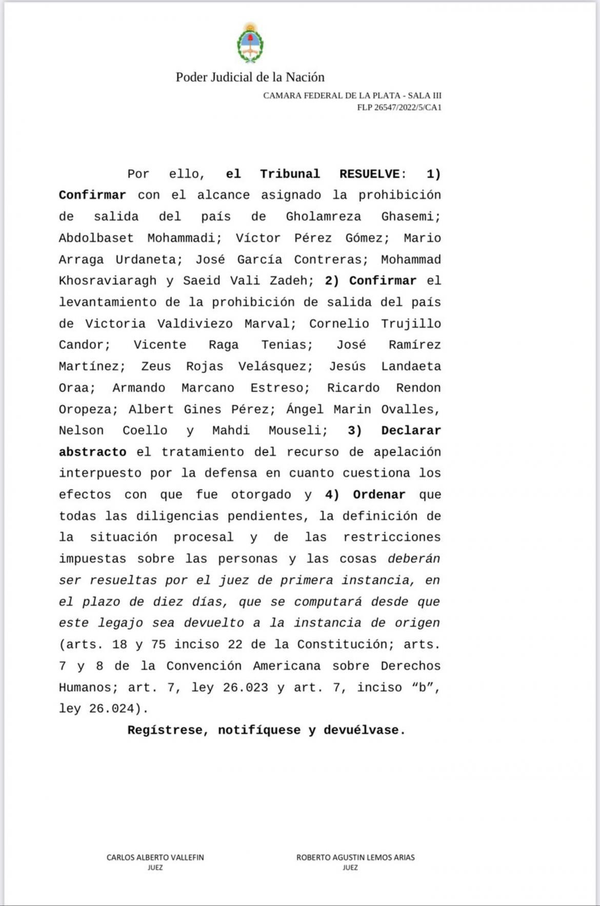 Fallo de la Cámara Federal de La Plata sobre el avión venezolano.