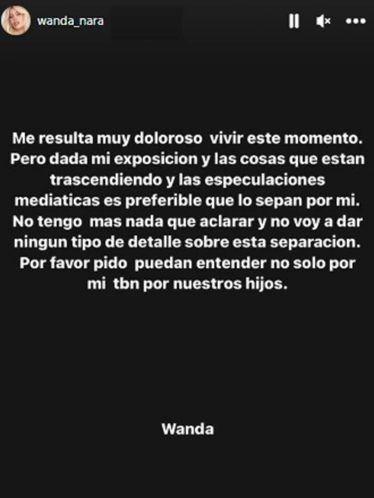 El comunicado de Wanda Nara sobre su separación. Foto: historia Instagram.