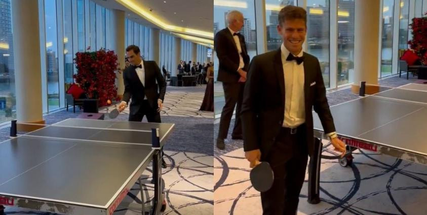 Ping Pong entre Diego Schwartzman y Roger Federer en la previa de la Laver Cup. Foto: NA.