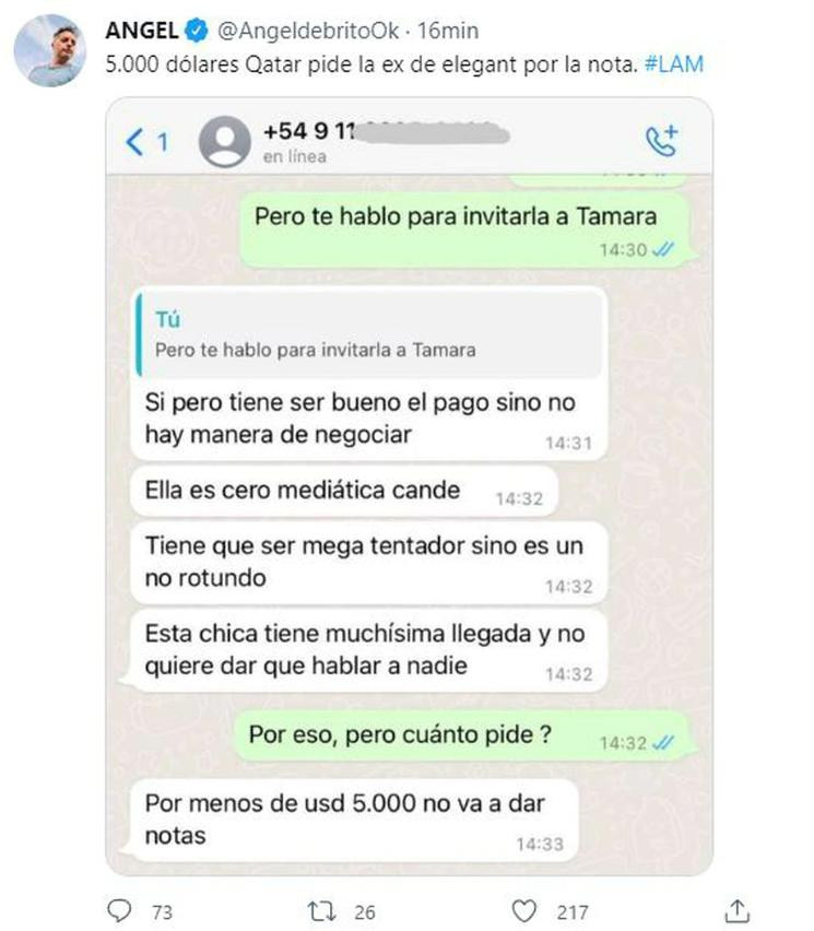 Tamara Báez pide dolares para una entrevista. Foto: Twitter/ángeldebritook.
