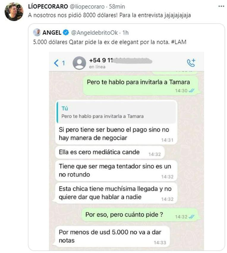 Otra propuesta a Tamara Báez. Foto: Twitter/liopecoraro.