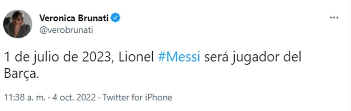 Tuit de la periodista argentina sobre el futuro de Messi. Foto: captura Twitter @verobrunati