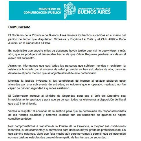 Comunicado del gobierno de la Provincia tras los incidentes en el Gimnasia - Boca.