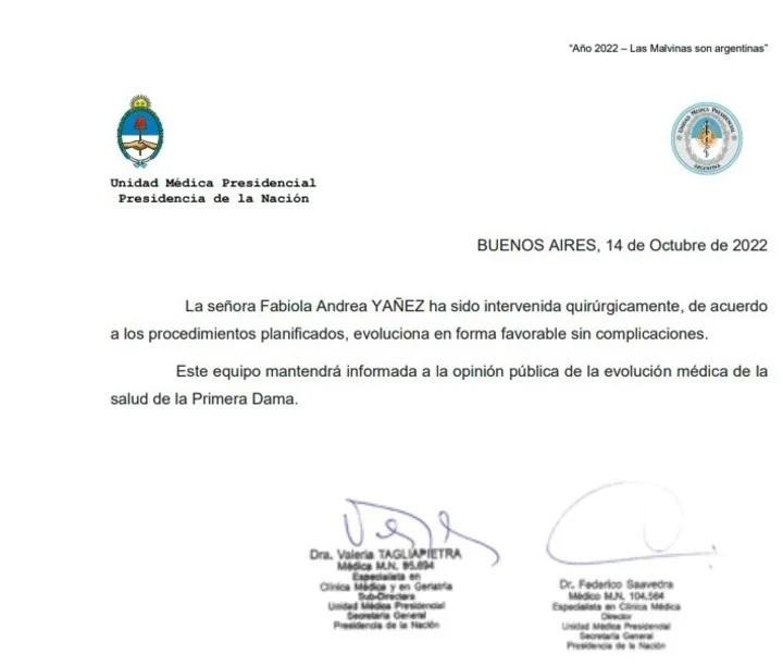 Parte médico de Fabiola Yáñez - 14-10-22. Foto: Presidencia.