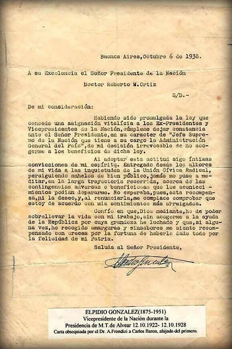 La carta que le envió al presidente Ortiz a Elpidio González para rechazar el dinero que le envió.