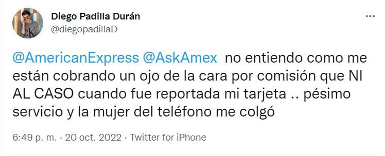 Quejas de usuarios por las tarjetas de American Express. Foto: Twitter.