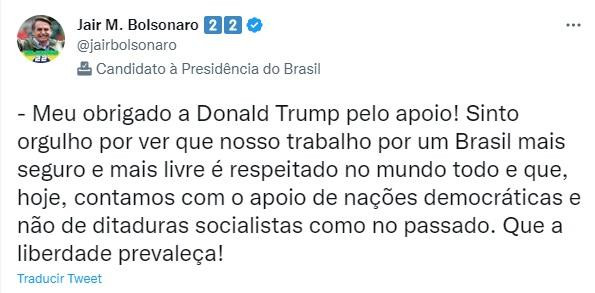 Tuit de Bolsonaro a Trump