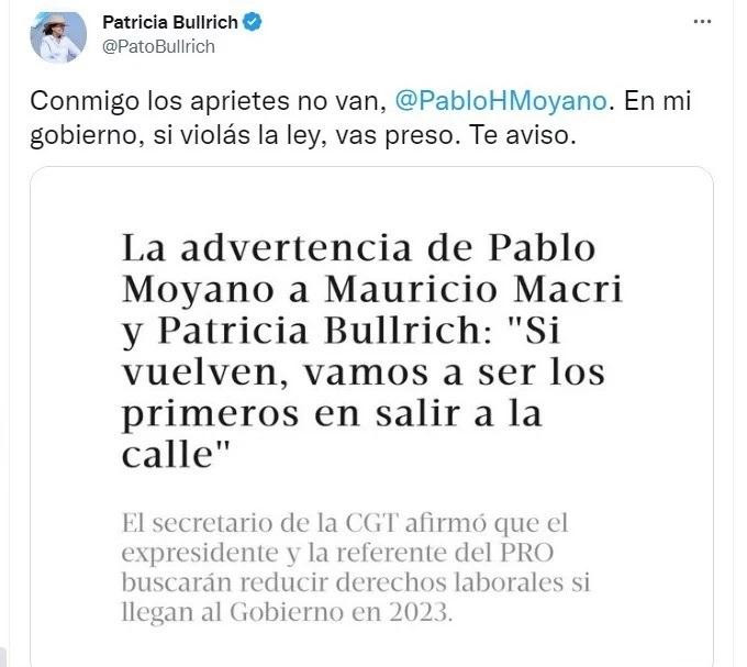 Tuit de Patricia Bullrich contra Pablo Moyano, NA