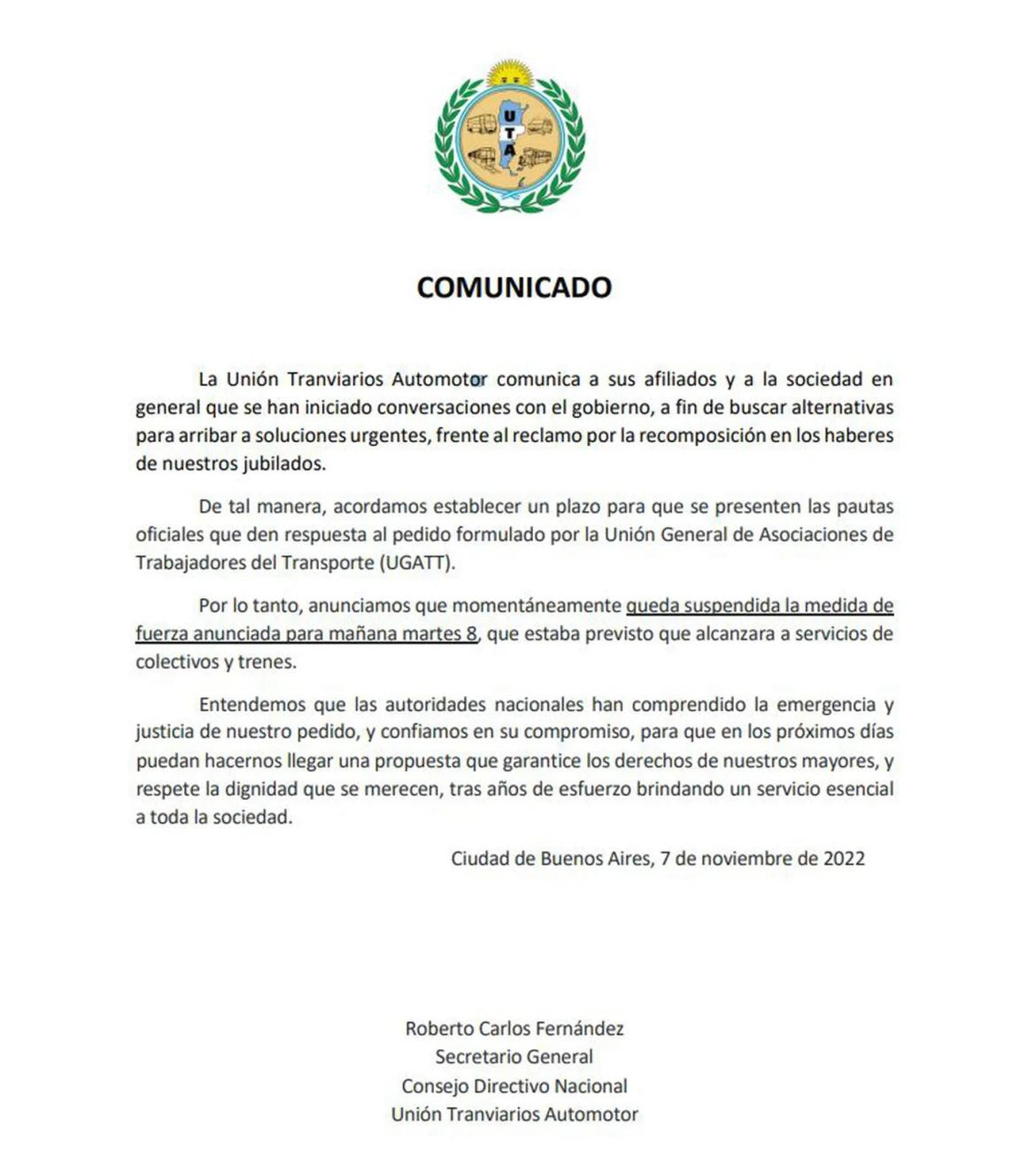 Comunicado de la UTA