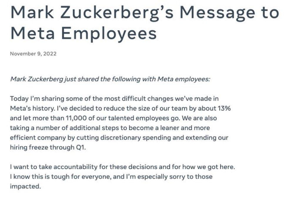 El comunicado de despido de Zuckerberg a sus empleados. 