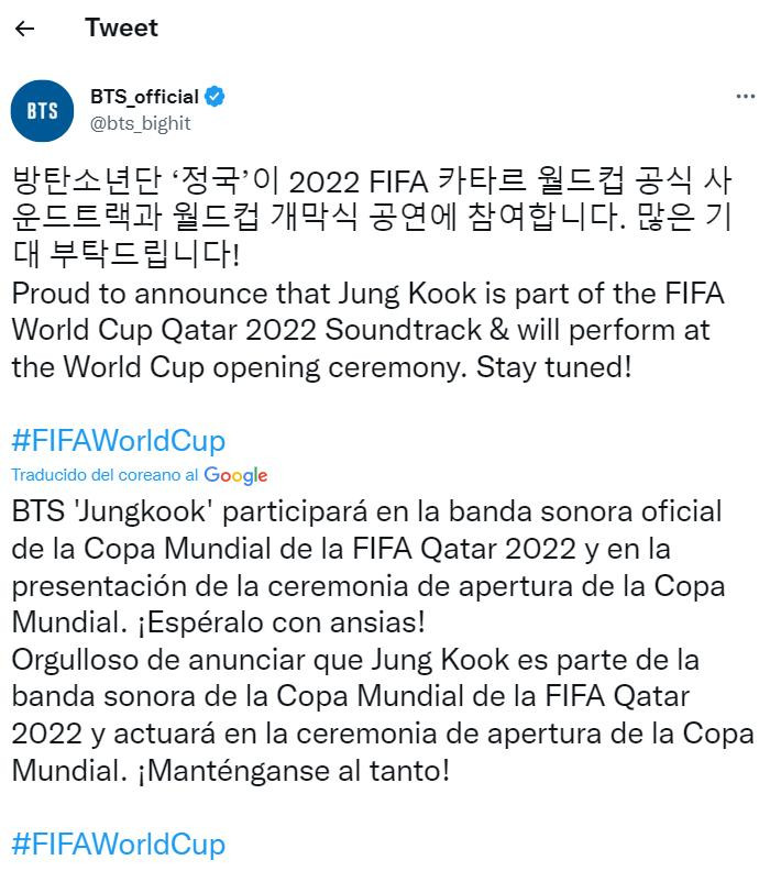 La confirmación de Jungkook para el Mundial. Foto: Twitter.