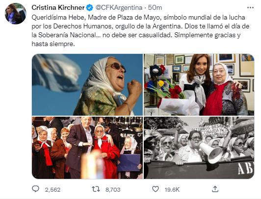 La despedida de CFK a Hebe de Bonafini. Foto: Twitter.
