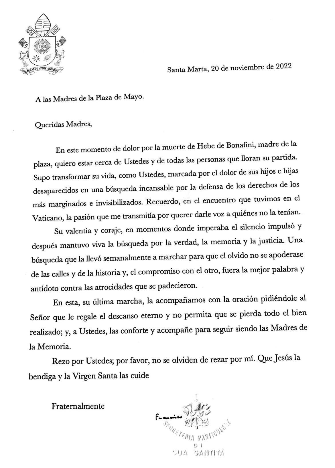 Carta del Papa Francisco, Hebe de Bonafini, NA