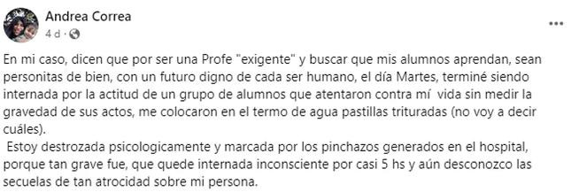 La profesora contó su historia luego que sus alumnos intentaron envenenarla. Foto: Facebook.